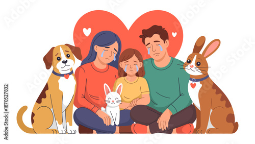 Heartfelt Grief: A family and their pets mourn a loss, a poignant portrayal of shared sorrow and love. Tears flow, reflecting the depth of their emotions and the bond they share.