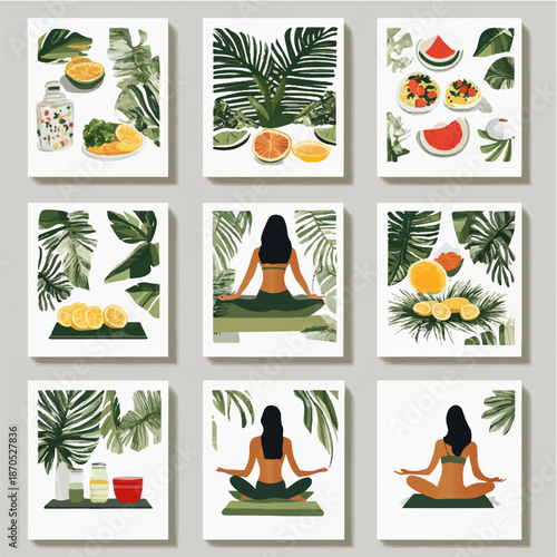 a set of postcards with girls doing yoga, jungle training, and proper nutrition, as well as outdoor meditation.