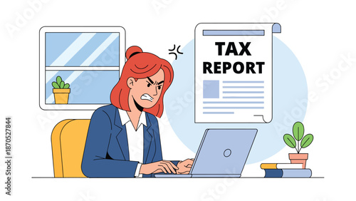 Flat vector illustration of frustrated people working on tax report in office, representing accounting problems, financial stress, reporting errors, compliance pressure, and corporate tax chall