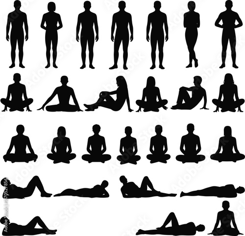 Yoga poses human silhouettes collection, men and women body positions, fitness meditation stretching exercises, healthy lifestyle concept, isolated black figures