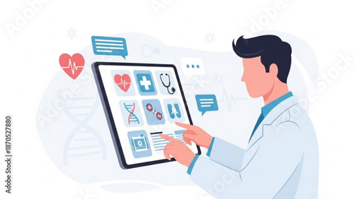 Medical professional interacting with digital healthcare interface on tablet device with various health icons with doctor and lab coat and telemedicine