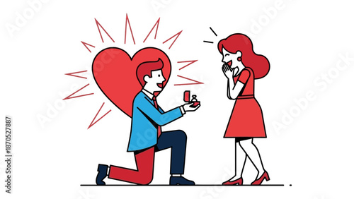 A Proposal of Love: In a moment of romantic fervor, a man kneels before his beloved, presenting a ring with a sparkling heart as the backdrop, their faces filled with delight and anticipation.