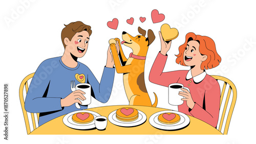 Love's Breakfast Trio: A charming scene unfolds as a couple and their dog share a heartwarming breakfast, the air filled with love and affection, illustrated with artistic flair.