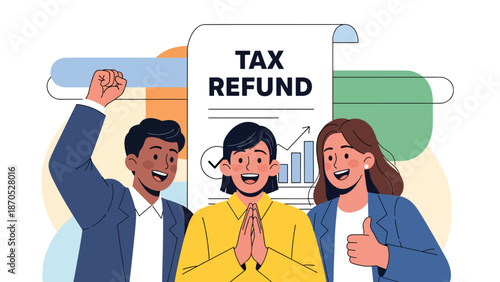 Flat vector illustration of happy business team celebrating approved tax refund in modern office, symbolizing successful tax filing, financial relief, compliance success, positive accounting result