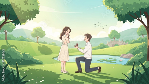 Man proposing marriage to woman in a park with a ring romantic proposal scene illustration for love and relationship concepts