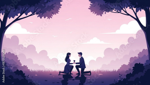 Couple on romantic proposal man kneeling with ring woman accepting in park setting beautiful sunset sky vector illustration for love and relationships