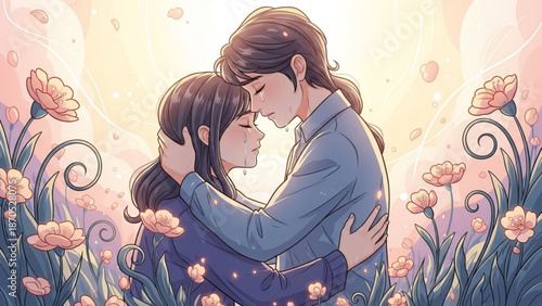 Couple embracing tenderly in a field of flowers romantic illustration of love and connection perfect for Valentines Day or wedding themes