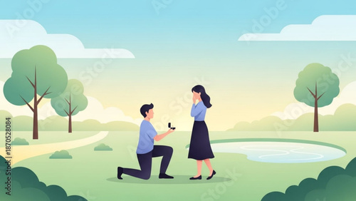 Man proposing marriage to woman with engagement ring in a park romantic proposal scene with a beautiful landscape and soft sky
