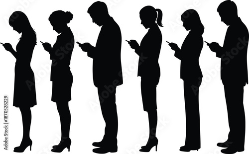 Business people silhouette using smartphones standing in line digital communication technology social media mobile addiction concept