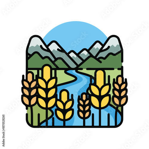 A serene landscape with a river and crops