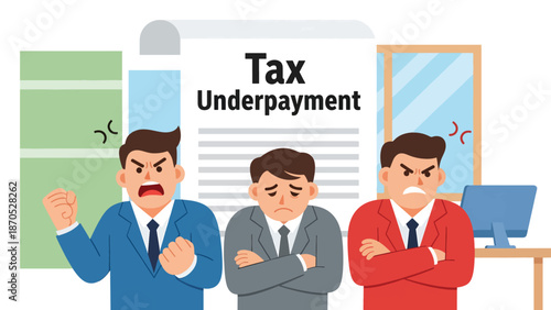 Flat vector illustration of worried business professionals facing tax underpayment notice in office, symbolizing financial stress, compliance issues, accounting problems, and corporate tax management