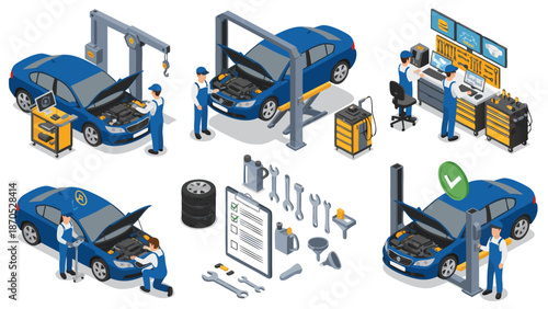 Isometric Vector Illustration Set of a Car Workshop Featuring Mechanics Working on Vehicles and Equipment
