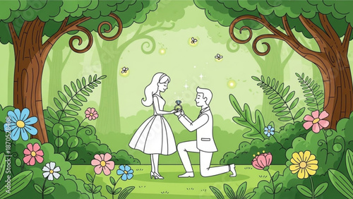 Man proposing to woman in a lush forest setting romantic engagement scene with flowers and fireflies illustration for love and relationships