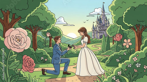 Man proposes to woman with engagement ring in a fairytale garden with a castle romantic proposal scene for wedding or love concepts