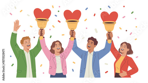 Love and Achievement: A group of individuals is seen holding trophies, with heart-shaped tops that represent passion and love, as they celebrate their achievement with confetti.
