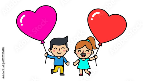 Celebrating Affection: Delightful characters, a boy and a girl, radiate joy as they hold heart-shaped balloons, symbolizing love and companionship. Capturing the spirit of togetherness.