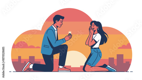 Love's Proposal: A tender moment unfolds as a man kneels, presenting a sparkling engagement ring to a woman against the backdrop of a sunset-kissed cityscape.