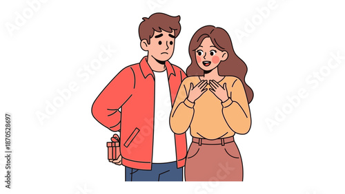 Unexpected Gift of Love: A heartfelt illustration that captures a moment of surprise and affection. A man, with a mix of anticipation and nerves, conceals a gift behind his back.