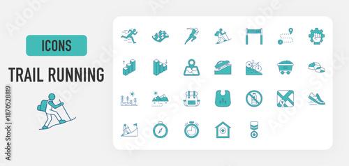 Trail Running icon vector. Marathon, Terrain, Running, Trailhead, Finish Line, Navigation, Endurance, Ascend, Descend, Track, Uphill, Downhill Bicycle, Mud, Rock, Nature, Adventure illustration. 