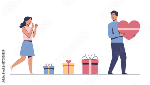 A Heartfelt Exchange: A joyous scene unfolds as a man extends a symbolic heart towards a woman who is delighted. The gifts set the stage for love and happiness. 