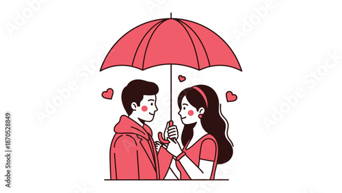 Endearing Romance Under an Umbrella: A couple shares an intimate moment sheltered beneath a vibrant umbrella, surrounded by floating hearts, evoking a feeling of cozy love and shared affection.