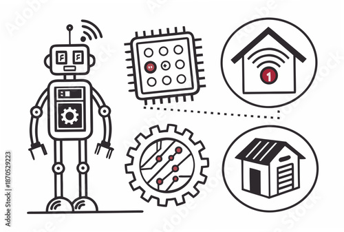 A vector graphic illustration of a robot and smart home technology icons