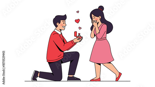 A Romantic Gesture of Proposal: In this heartwarming illustration, a man on one knee presents a ring to a woman, surrounded by floating hearts, evoking a moment of love and anticipation. 