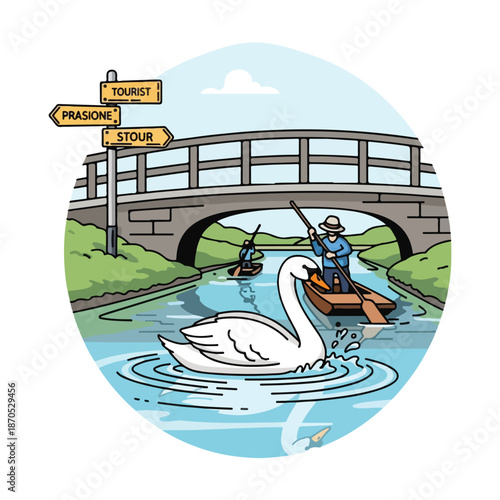 A serene river scene with a swan, bridge, and canoeists