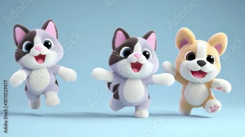 3D cartoon cat doll is playing running with 3D cartoon dog doll, very cute, 4K video.