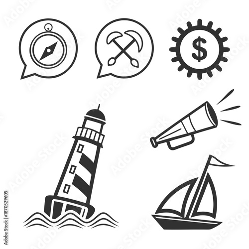 A set of nautical and business icons in a flat, minimalist design style