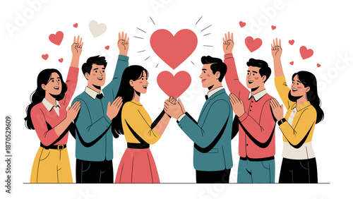Love and unity: A heart-filled depiction of unity and love between people with two lovers holding hands, surrounded by hearts. This illustration encapsulates the essence of affection and belonging.