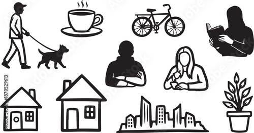 Simple black and white line icons of daily life