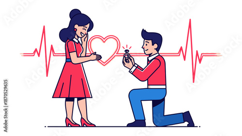 Heartfelt Proposition: A man kneels, extending a sparkling ring in a tender moment of proposal to a delighted woman.