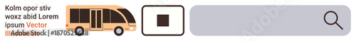 Public transport, travel planning, navigation, urban mobility, bus stops, transport services. Bus icon next to a search bar and text placeholder. Public transport and travel planning concept