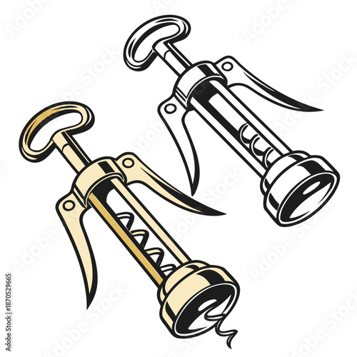A vector graphic illustration of two wine bottle corkscrews in a minimalist design