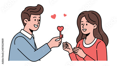 Key to My Heart: A moment of affection as a gentleman presents a key-shaped charm to a lady, symbolizing trust and devotion.
