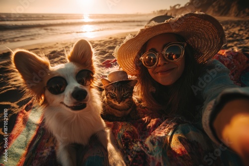 Wallpaper Mural A Joyful Beach Day: Capturing the Bond Between Pets and Their Human Companion Under a Golden Sunset Torontodigital.ca