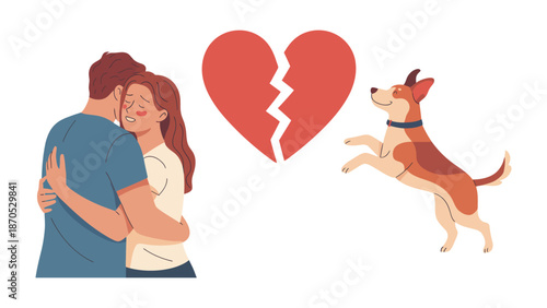 Heartbreak's Shadow: A somber illustration captures the emotional aftermath of a split, as a couple seeks solace while a playful dog leaps nearby.