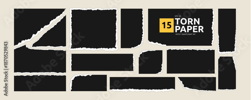 Black Edge Paper Rectangle Torn Paper Frame Set. Grunge Jagged Rough Tear Border Collection. Vector Illustration