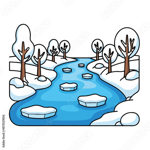A serene snowy landscape with a frozen river