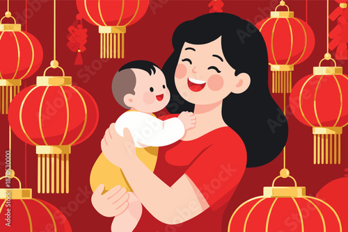 A heartwarming illustration of a happy mother embracing her baby, surrounded by festive red lanterns for Chinese New Year. Family love and tradition
