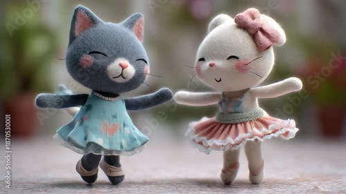 3D cartoon cat doll is playing running with 3D cartoon dog doll, very cute, 4K video.