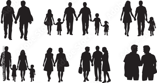 Silhouettes of happy families and people walking together