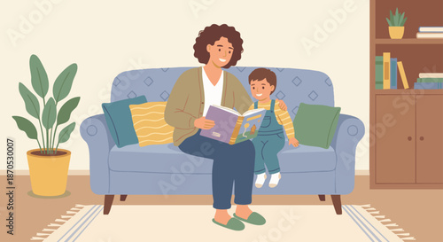 Babysitter Reading Storybook
A flat vector illustration of a babysitter reading a storybook to a child. Child sits comfortably beside the babysitter. Simple living room background. 