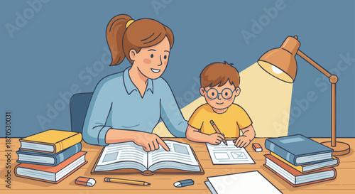Babysitter Helping with Homework
A flat vector illustration of a babysitter helping a child with homework at a table. Books, pencils, and paper visible. 