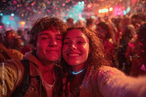 Wallpaper Mural Capturing Joy: A Lively Moment of Celebration Amidst Colorful Confetti and Vibrant Lights at a Festive Gathering Torontodigital.ca
