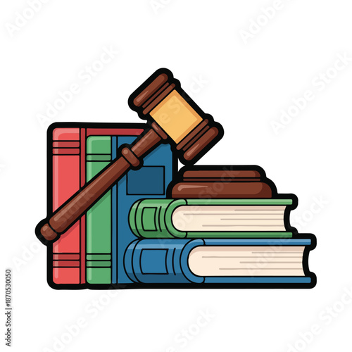 A stack of colorful books with a gavel on top