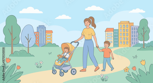 Babysitter Taking Child for Walk
A flat vector illustration of a babysitter walking with a child outdoors. Stroller or hand-holding scene, trees and buildings in the background. 