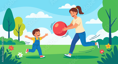 Babysitter Playing Outdoor Games
A flat vector illustration of a babysitter playing outdoor games with a child, such as ball throwing or running. Flat vector style, energetic and joyful mood.