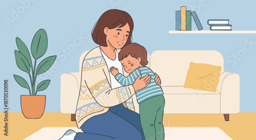 Babysitter Comforting Child
A flat vector illustration of a babysitter comforting a crying child with a hug or gentle gesture. Calm indoor background. Flat vector style emphasizing care and empathy.